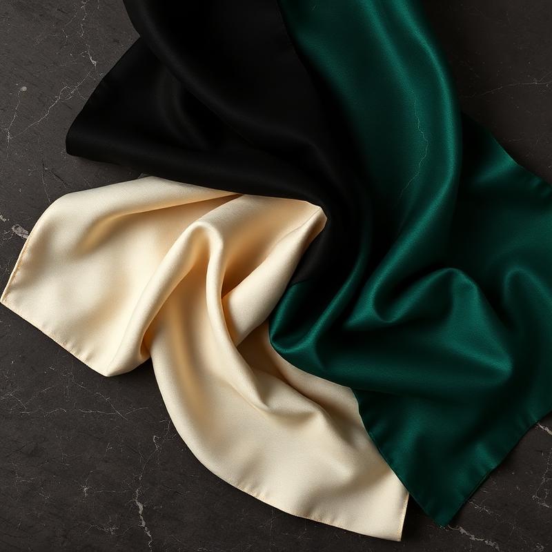 Silk fabric swatches in black, ivory and emerald
