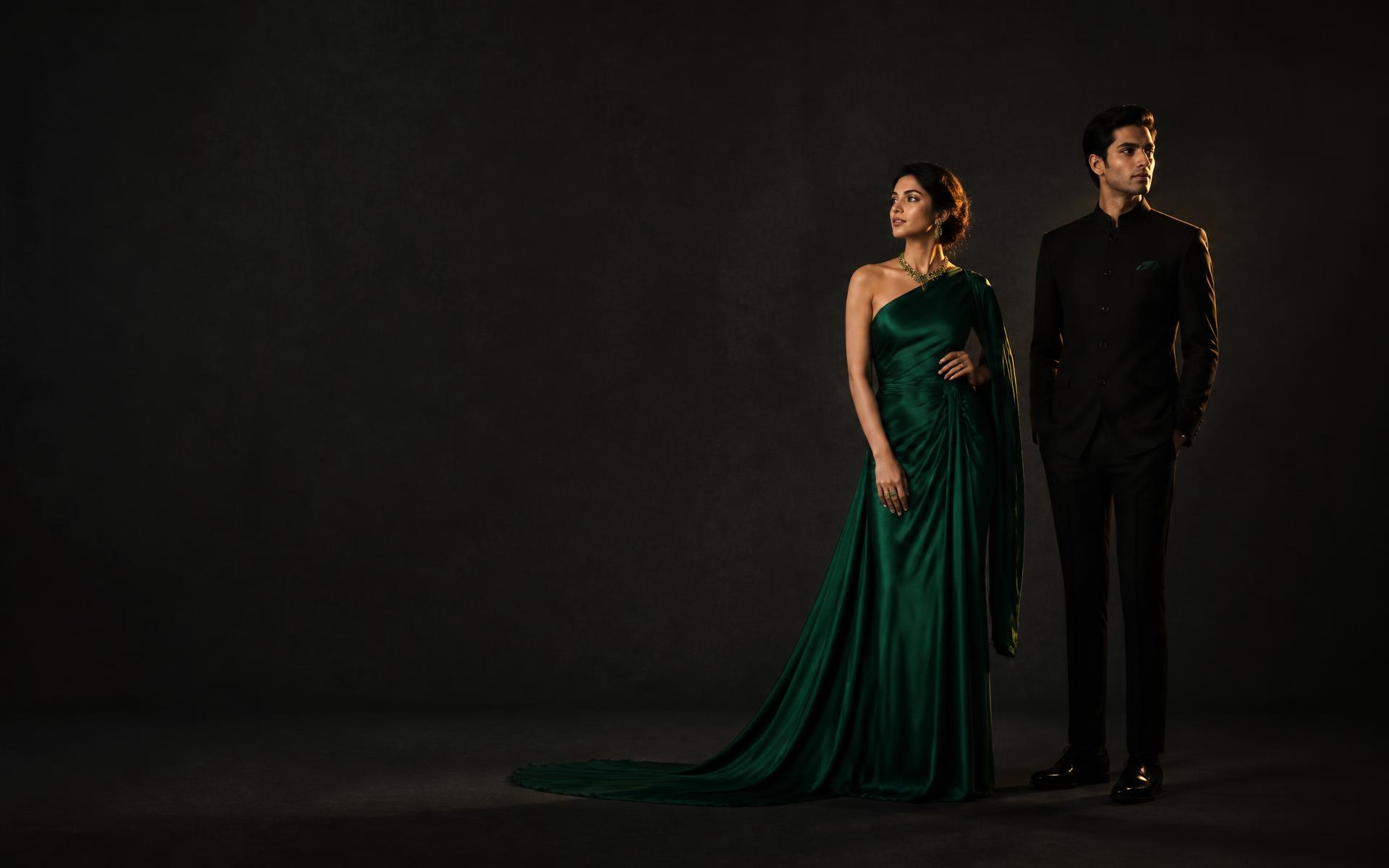 ZUAZUN autumn campaign: a woman in an emerald silk gown beside a man in a black tailored suit